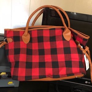 Red and black plaid tote